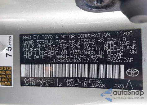 2006 Toyota Prius from USA, damaged, VIN JTDKB20U463137130